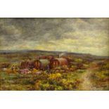 James Ulric Walmsley (British 1860-1954): Gypsy Caravans on the Yorkshire Moors, oil on board signed