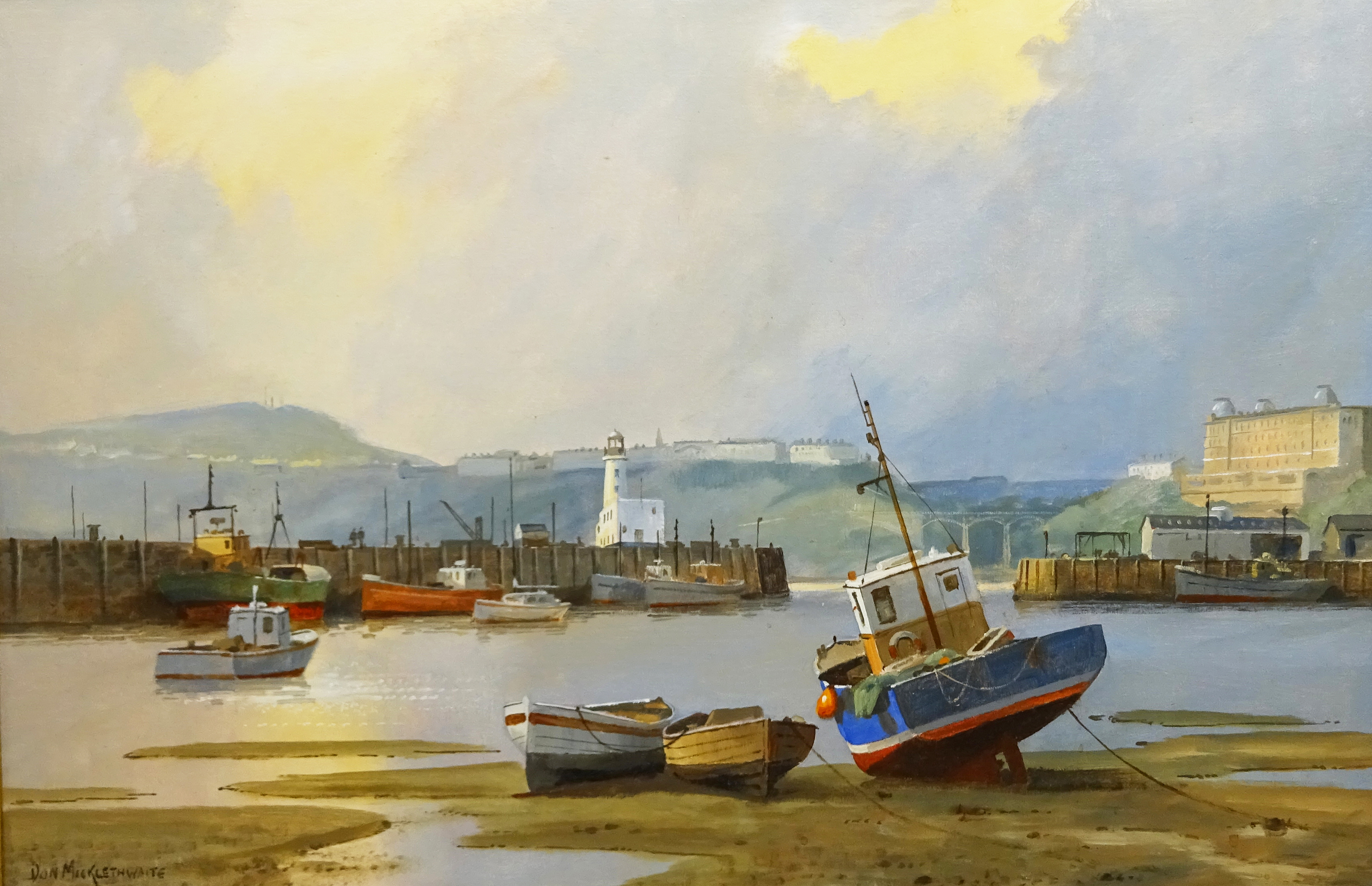 Don Micklethwaite (British 1936-): Low Tide Scarborough Harbour, oil on board signed 50cm x 75cm