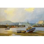 Don Micklethwaite (British 1936-): Low Tide Scarborough Harbour, oil on board signed 50cm x 75cm