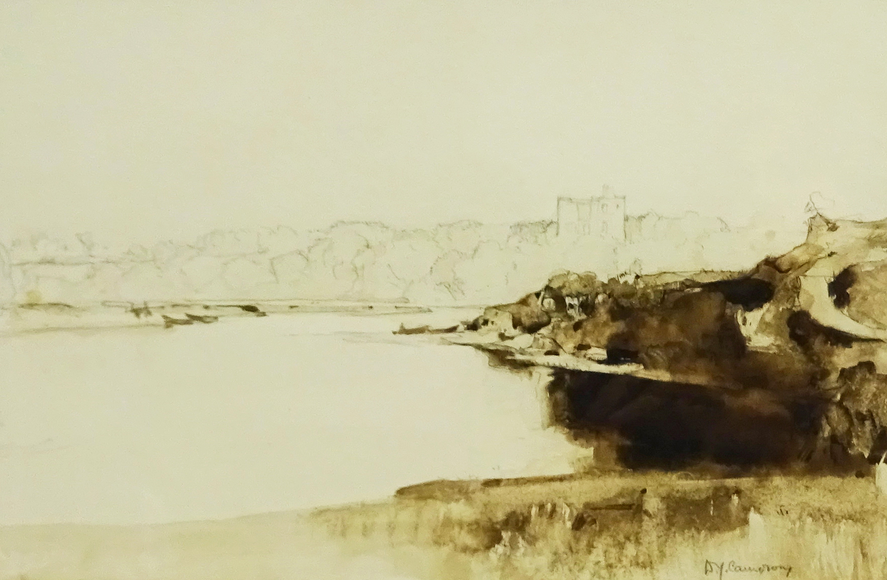 Sir David Young Cameron RA (Scottish 1865-1945): Castle and Loch, pencil and sepia wash signed 23cm