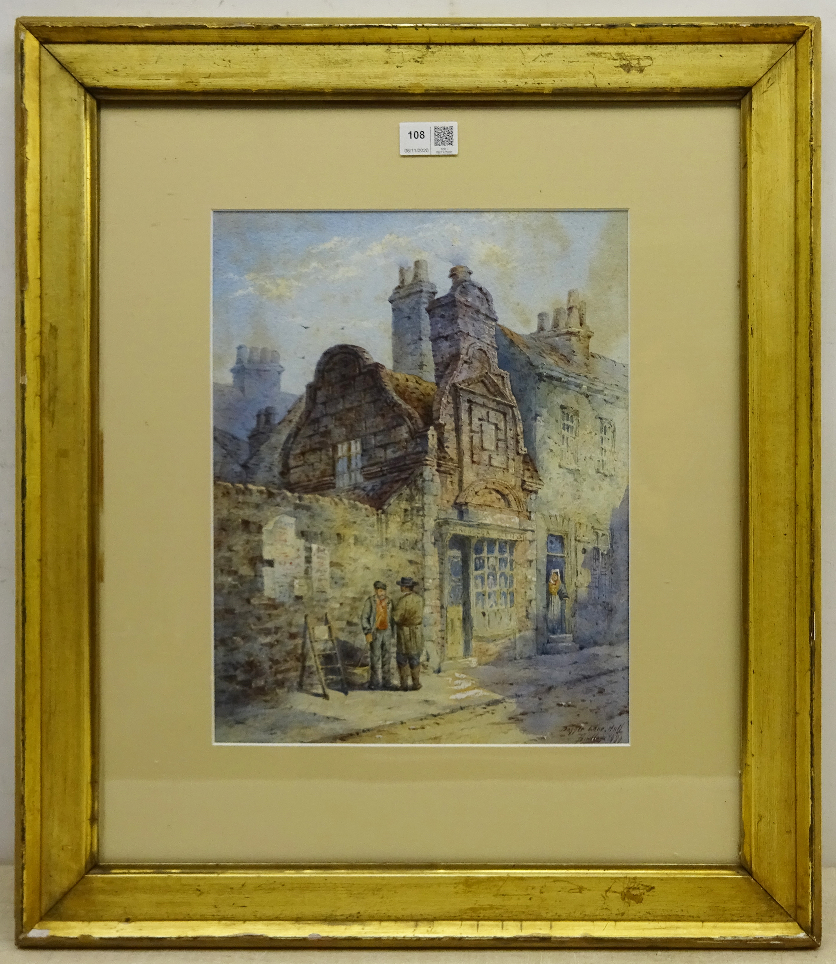 Thomas 'Tom' Dudley (British 1857-1935): 'Dagger Lane Hull' depicting the oldest house in Hull, wate - Image 2 of 2