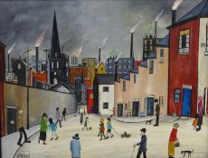 Rachael Taylor (Northern British Contemporary): Industrial Town Scene, oil on board signed 34cm x 45