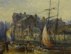 Thomas 'Tom' Dudley (British 1857-1935): Busy Hull Dock scene, watercolour signed and dated 1881, 27