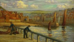Charles E Flowerdew (British exh.1885): Whitby Fishermen on the East Pier, oil on canvas signed and