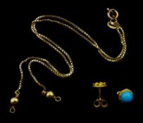 18ct gold chain and two 18ct gold studs, one set with a turquoise stone, stamped or tested