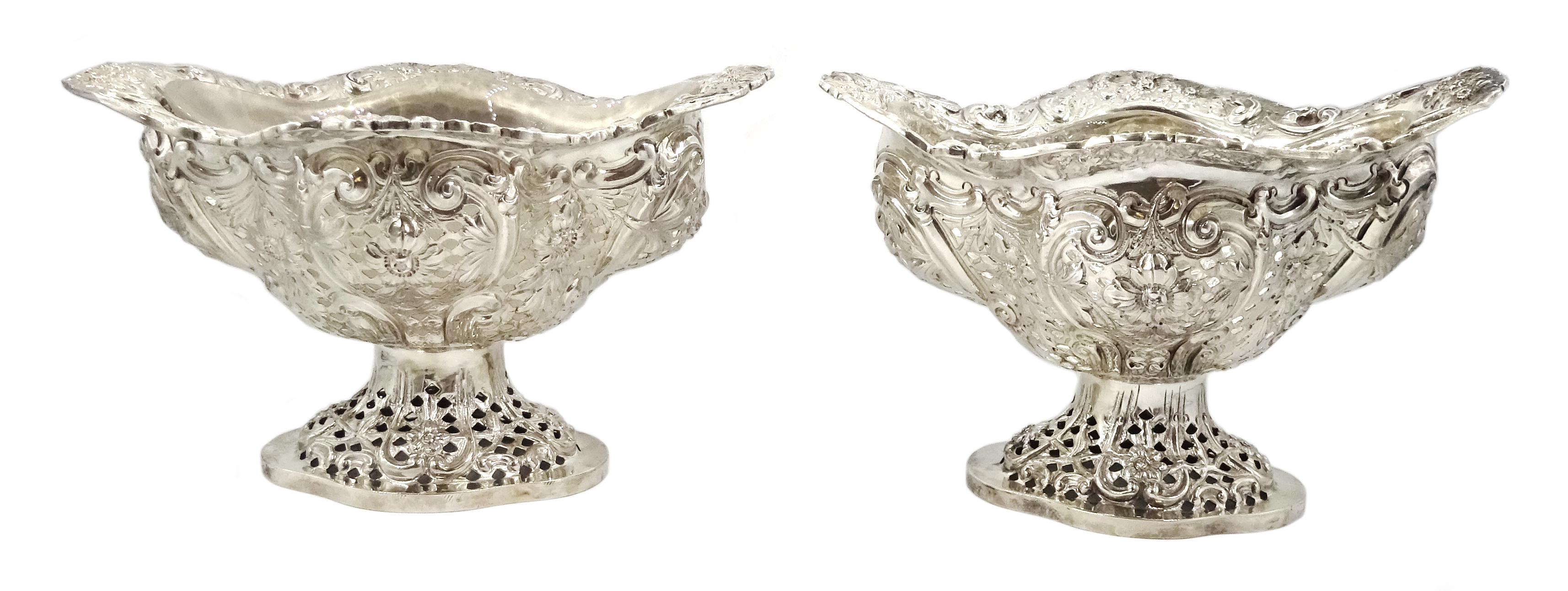 Four Victorian silver pedestal bon bon dishes, embossed foliate and pierced decoration, with glass l - Image 11 of 20