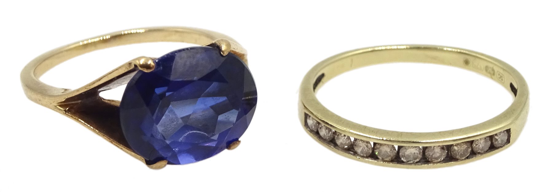 Gold diamond half eternity ring and a gold oval synthetic sapphire ring, both 9ct tested or hallmark