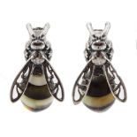 Pair of silver Baltic amber bee stud earrings, stamped 925