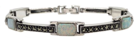 Silver opal and marcasite link bracelet, stamped 925