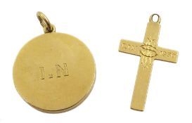 Gold circular locket and a gold cross, both hallmarked 18ct, approx 7.8gm