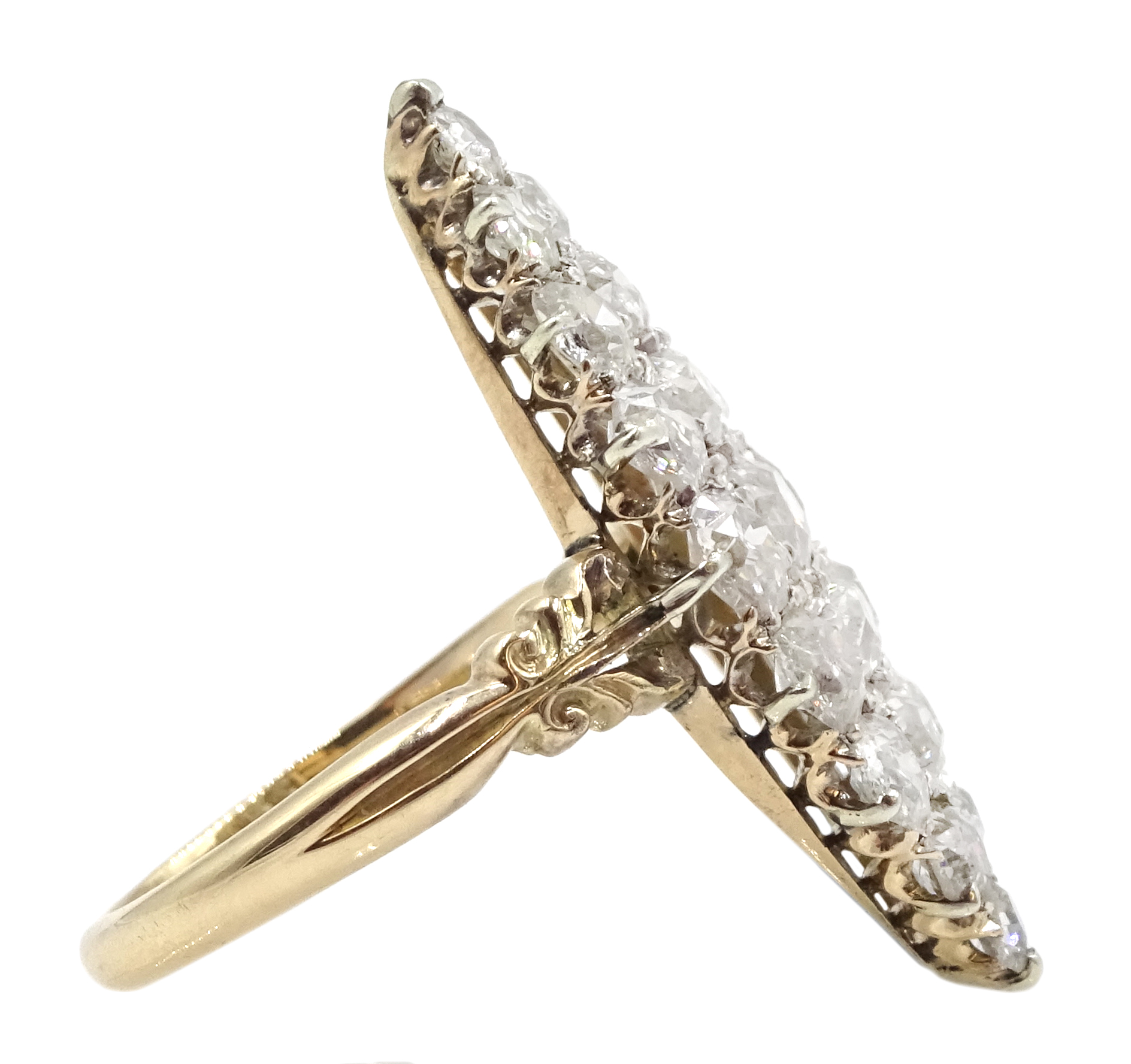 Victorian rose gold and silver, diamond marquise shaped ring, total diamond weight approx 1.70 carat - Image 10 of 12