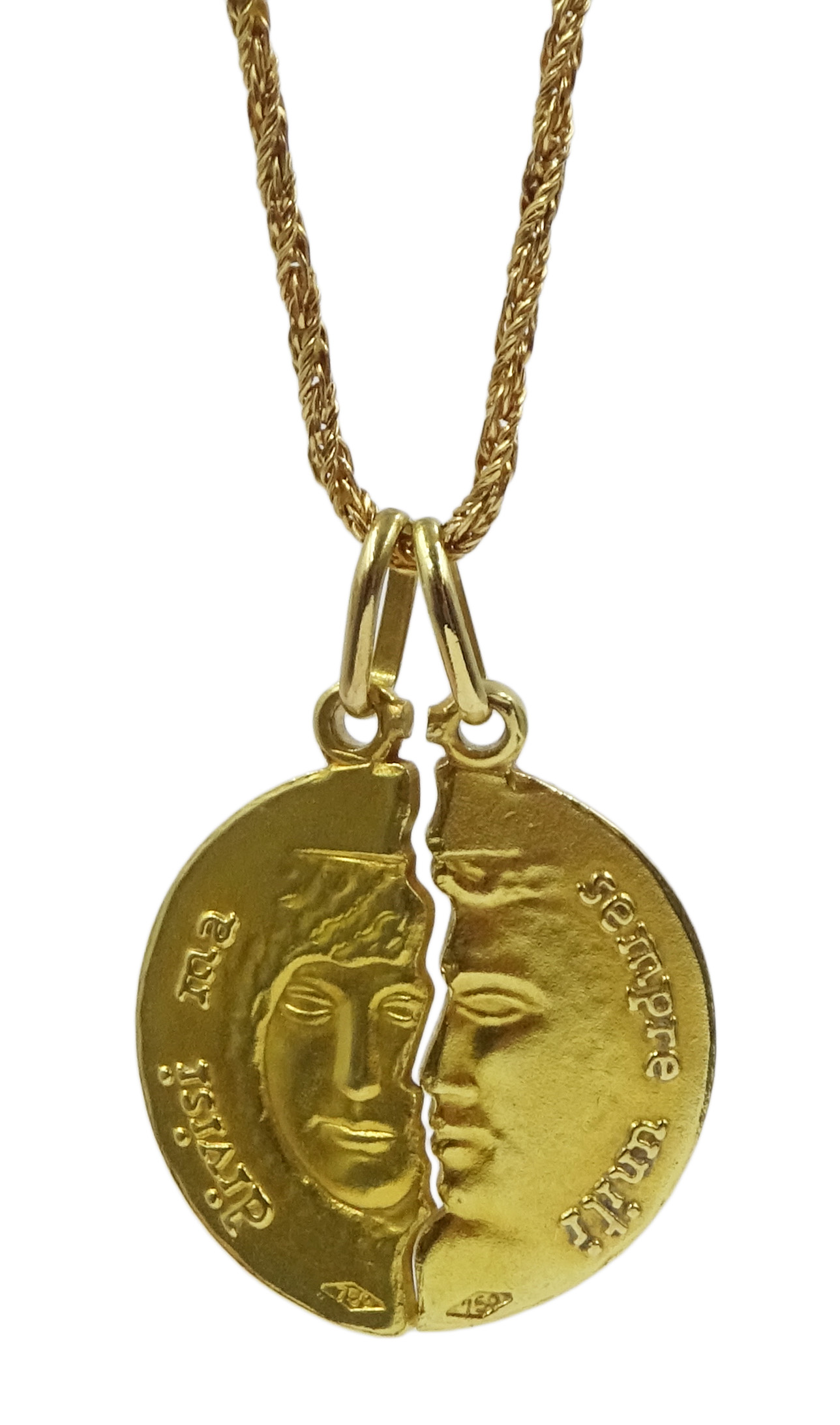18ct gold moon love token on 18ct gold Singapore chain necklace, both stamped 750