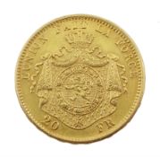 Belgium 1870 Leopold II 20 Franc gold coin