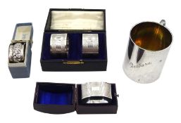 Silver christening cup by Joseph Gloster Ltd, Birmingham 1933, two silver napkin rings by the same h