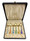 Set of six early 20th century Norwegian silver and guilloche enamel coffee spoons by Nils Erik Elvik