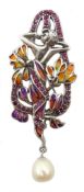 Silver plique-a-jour, ruby and pearl Art Nouveau style pendant brooch, stamped 925