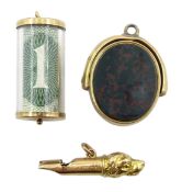 10ct gold bloodstone and agate swivel fob stamped, gold dog whistle charm and gold money charm, both