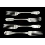 Set of four George IV provincial silver dinner forks, Fiddle pattern by James Barber & William Whitw