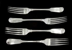 Set of four George IV provincial silver dinner forks, Fiddle pattern by James Barber & William Whitw