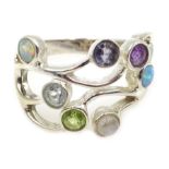 Silver multi-gem set ring, including amethyst, peridot, opal and moonstone, stamped 925