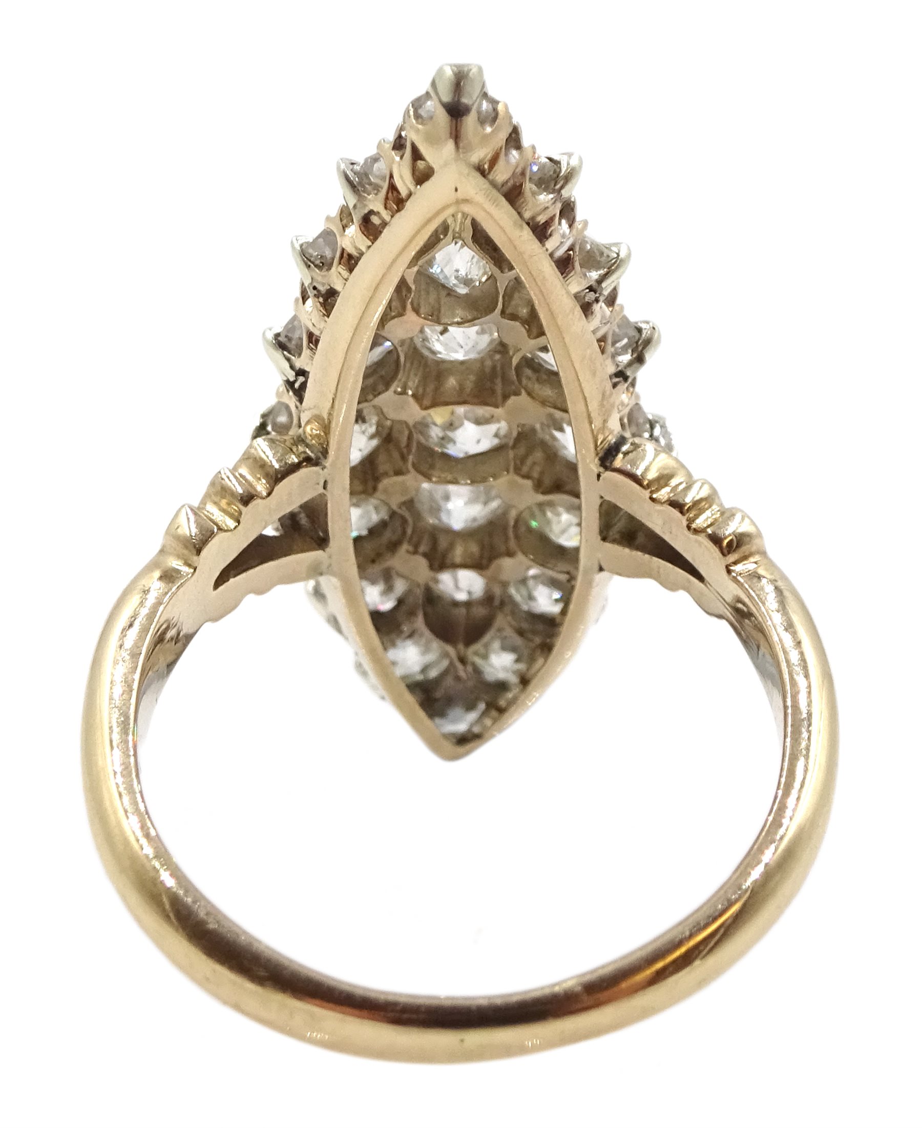 Victorian rose gold and silver, diamond marquise shaped ring, total diamond weight approx 1.70 carat - Image 6 of 12