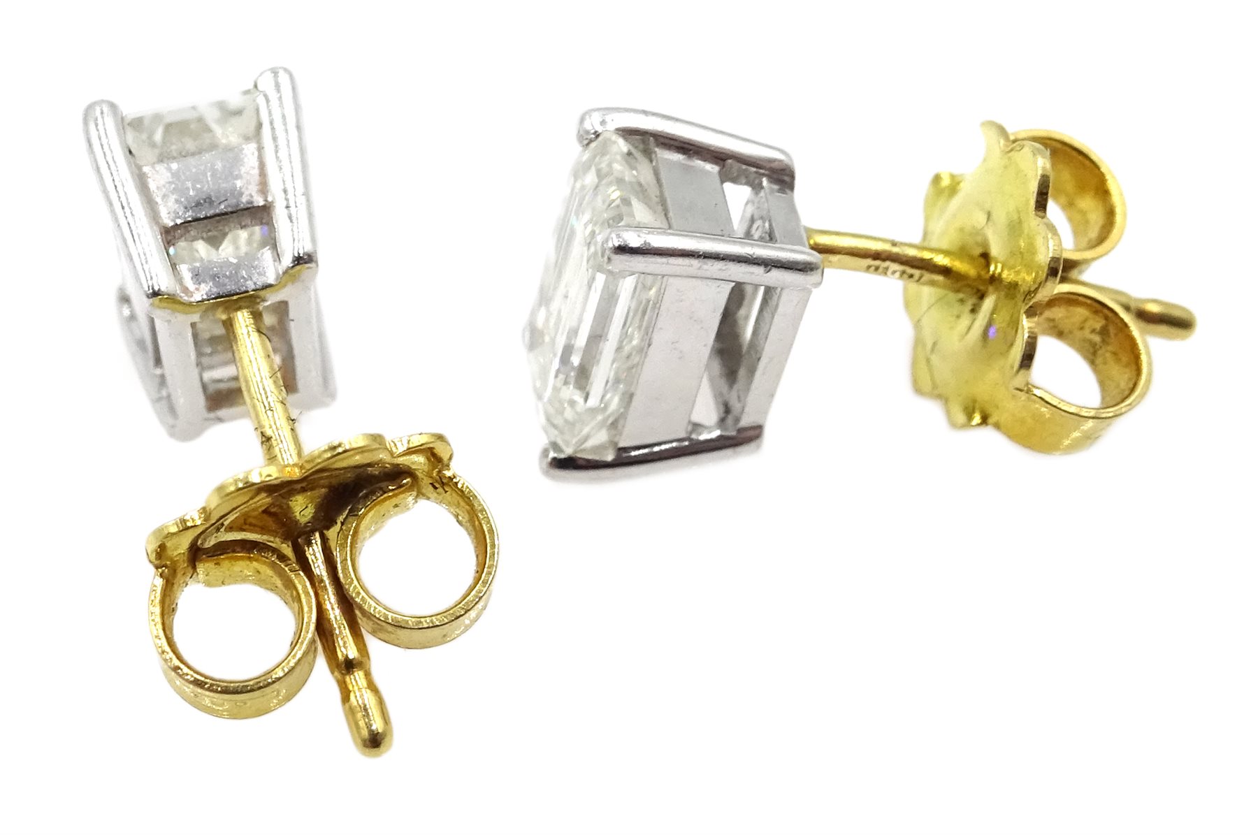 Pair of 18ct white gold emerald cut diamond stud earrings, hallmarked, total diamond weight 1.80 car - Image 2 of 4
