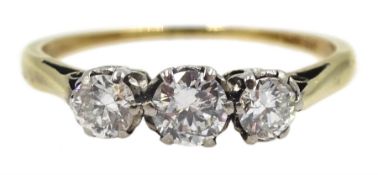 Gold three stone diamond ring, stamped 18ct & Plat, total diamond weight approx 0.33 carat