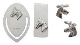 Pair of silver horses head cufflinks, silver horses head money clip and similar silver bookmark, all