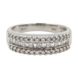 White gold princess cut and round brilliant cut diamond, three row half eternity ring, stamped 14K