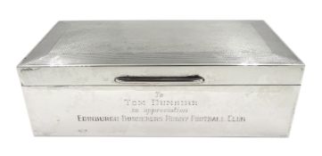 Silver rectangular presentation cigarette box, engine turned decoration by Walker & Hall, Birmingha