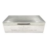 Silver rectangular presentation cigarette box, engine turned decoration by Walker & Hall, Birmingha