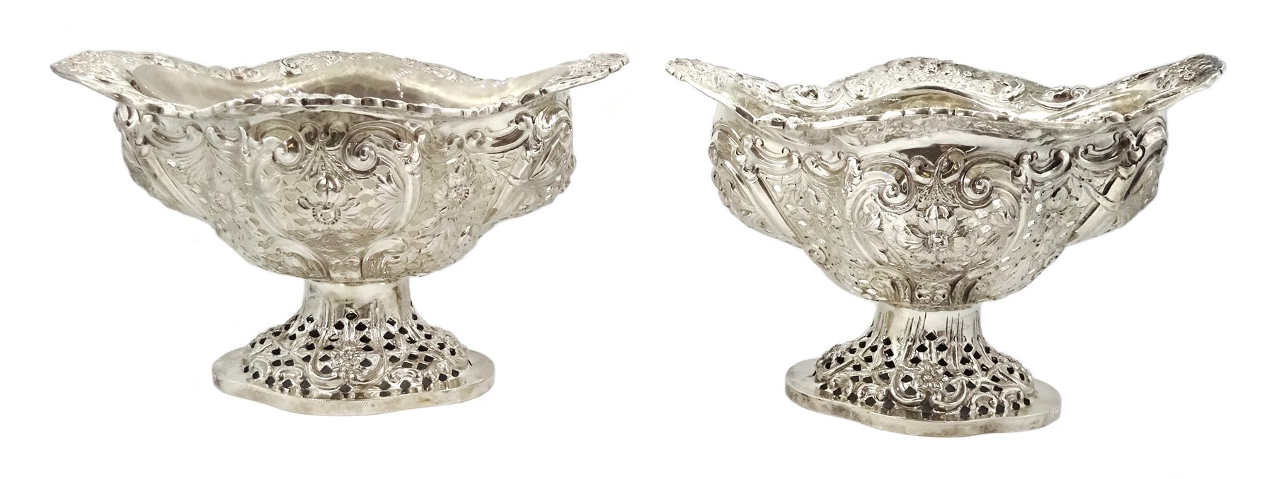 Four Victorian silver pedestal bon bon dishes, embossed foliate and pierced decoration, with glass l - Image 3 of 20