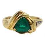 Gold green stone set ring, with diamond set shoulder, stamped 10K