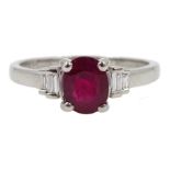 18ct white gold oval ruby and baguette diamond ring, hallmarked, ruby approx 1.00 carat