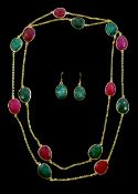 Faceted ruby and emerald necklace and a pair of silver-gilt faceted emerald stud earrings, stamped 9