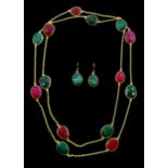 Faceted ruby and emerald necklace and a pair of silver-gilt faceted emerald stud earrings, stamped 9