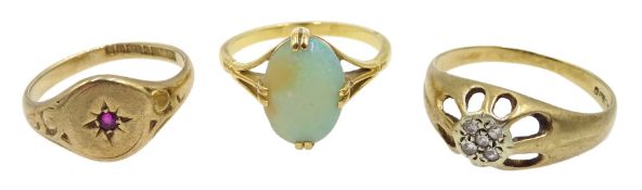 18ct gold single stone opal ring, gold single stone ruby ring and gold diamond ring, both hallmarked