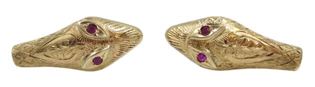 Pair of 9ct gold snake stud earrings with ruby eyes