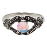 Silver opal and marcasite ring, stamped 925