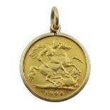 1904 gold half sovereign, loose mounted in 9ct gold mount hallmarked