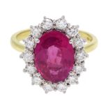 18ct gold pink sapphire and diamond cluster ring, hallmarked, sapphire approx 3.10 carat