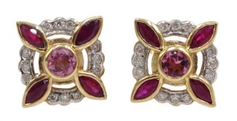 Pair of 9ct gold pink tourmaline, diamond and ruby stud earrings by Luke Stockley