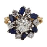 18ct gold diamond and sapphire ring, the central old cut diamond of approx 0.75 carat, with round br