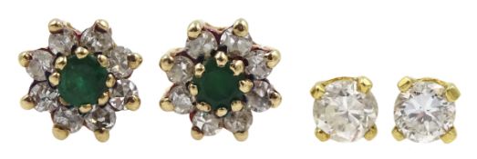Pair of 9ct gold emerald and diamond cluster stud earrings hallmarked and a pair of 18ct gold diamon