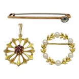 Gold garnet pendant, gold pearl circular brooch and a gold stone set bar brooch, all hallmarked 9ct