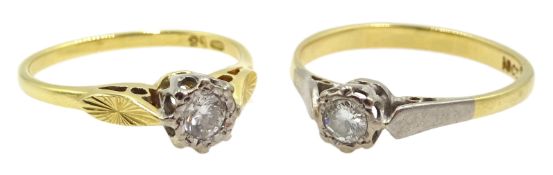 Two 18ct gold single stone diamond rings, illusion set, stamped or hallmarked