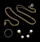 Gold chain necklace, gold wedding band and pair of gold pealr and black onyx stud earrings, all 9ct