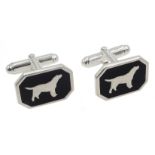 Pair of silver and black enamel dog cufflinks, hallmarked