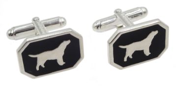 Pair of silver and black enamel dog cufflinks, hallmarked