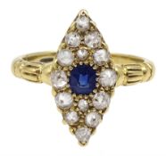 18ct gold diamond and sapphire marquise shaped ring, hallmarked